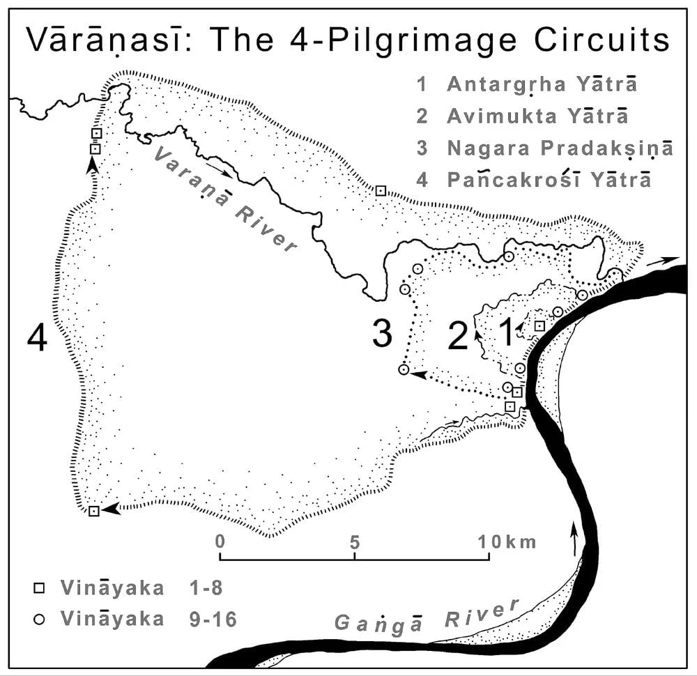 Fig. 9.5. Varanasi: The Four Pilgrimage Circuits (after and @ the authors).